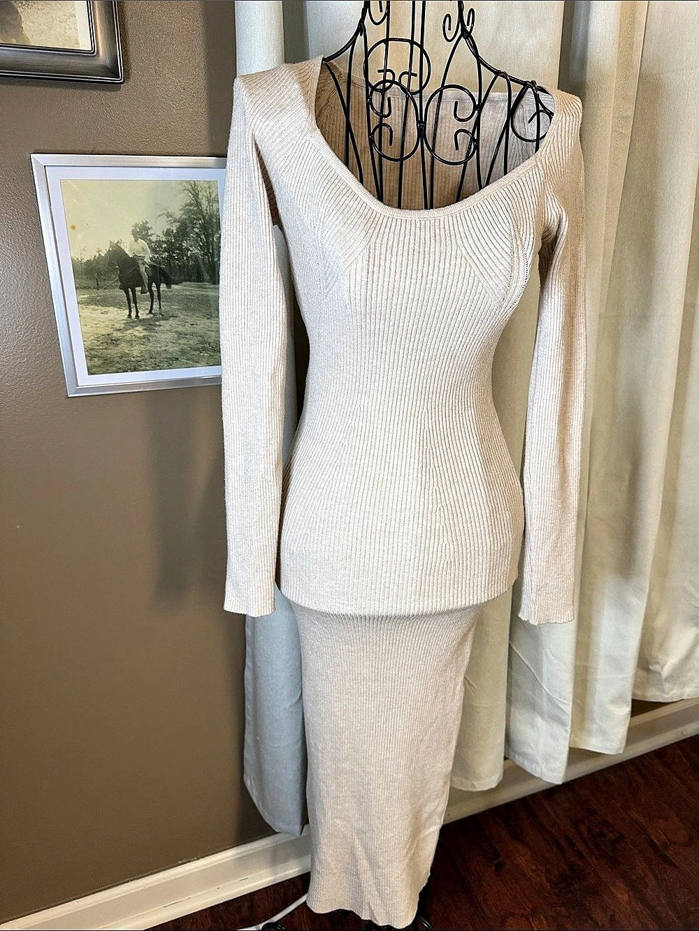 SHEIN Ribbed Long Sleeve knit dress in Cream Size XS